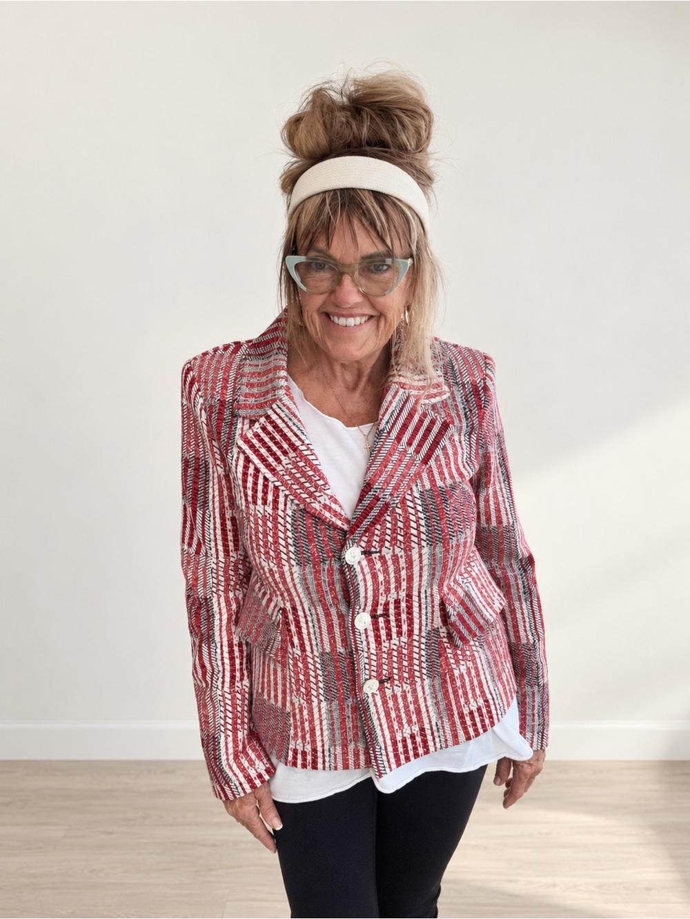 Cabi Red White Dark Navy Striped Blazer Jacket Size Small